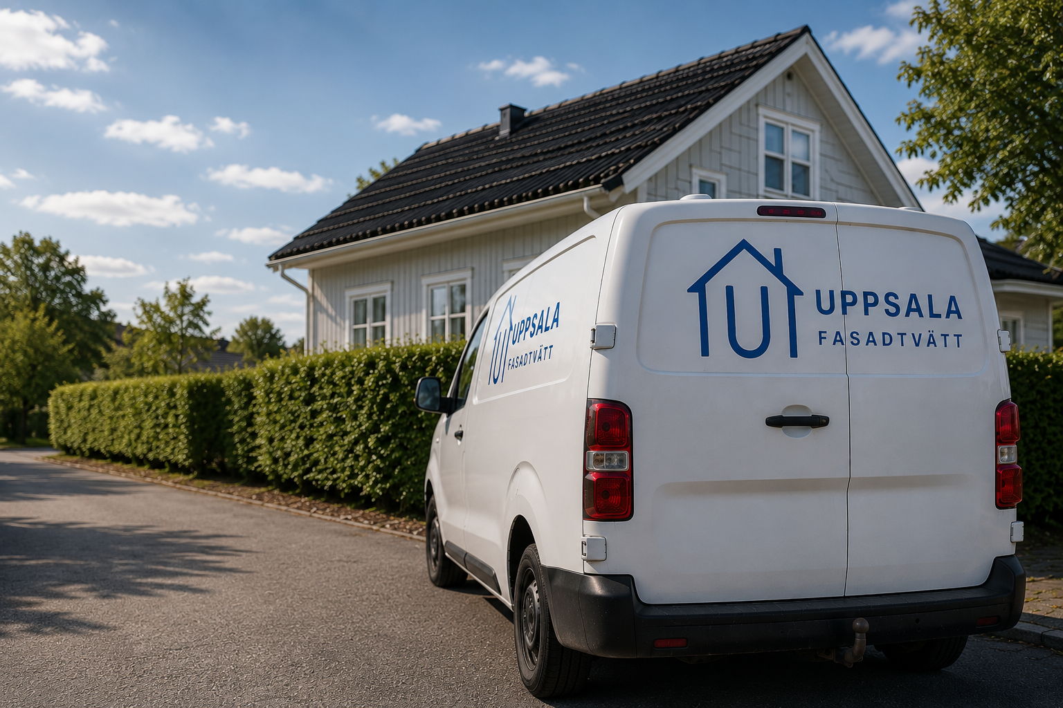 Uppsala Fasadtvätt AB – servicebil framför villa i Uppsala